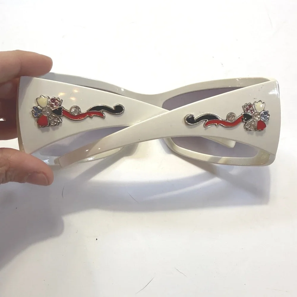 Italy Design White Shield Sunglasses Rhinestone Floral Detail  Wrap Around